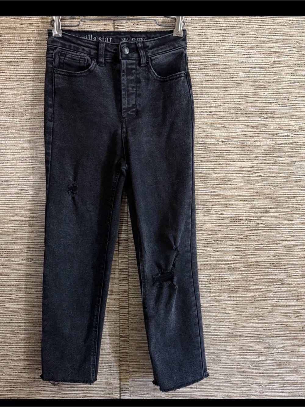 Vanilla Star Jeans Women’s 3 Real Cheeky Distressed Button Fly Black Crop